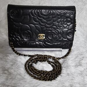 CHANEL Black Floral Crossbody Bag with Gold Chain